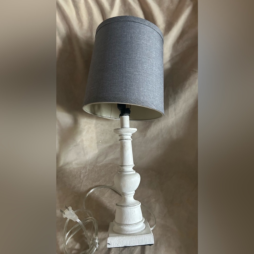 Cottagecore white wood shabby chic Table Desk Lamp with Grey Gray Shade 20” - Picture 13 of 14